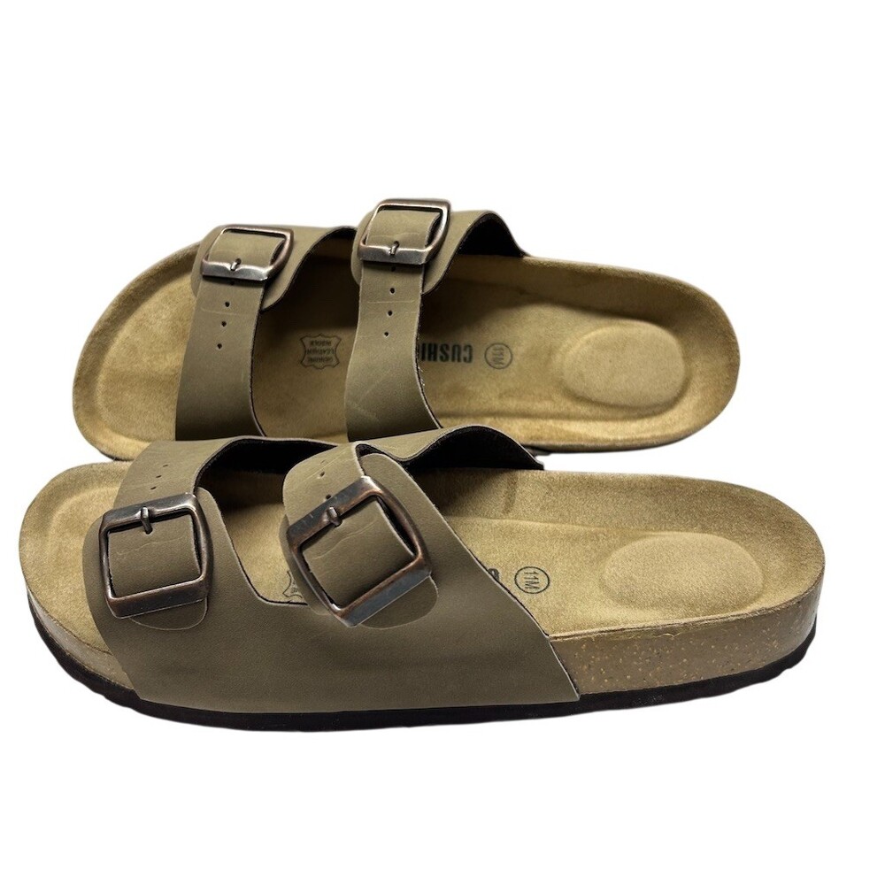 Cushionaire Womens Slide Sandals Taupe Double Buckle Cork Footbed Size 11M